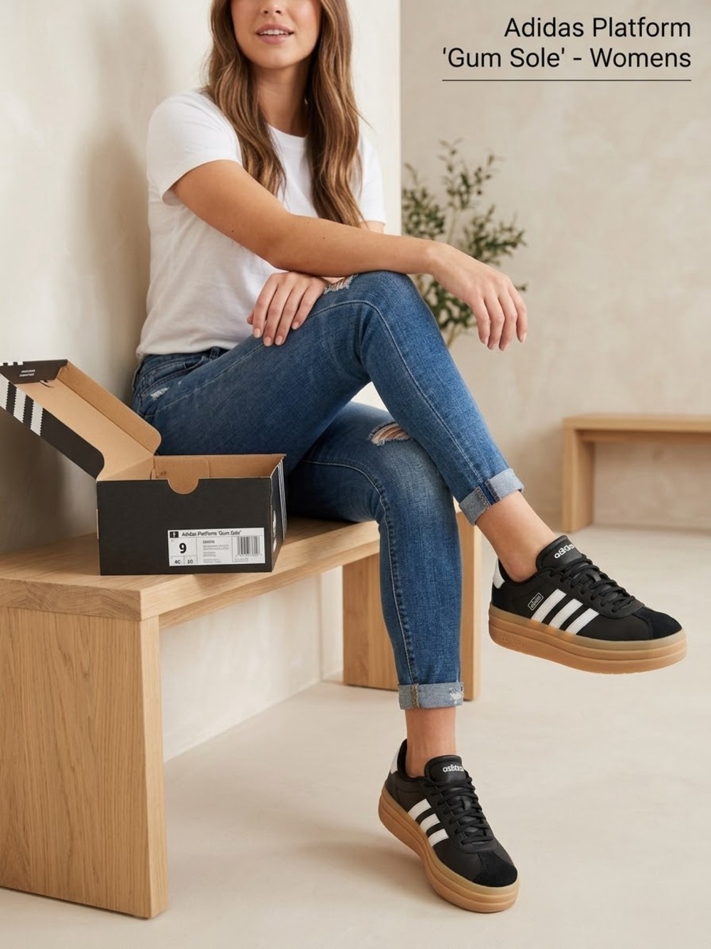 ADIDAS VL Court Bold Sneakers in Black, White & Gum size 8